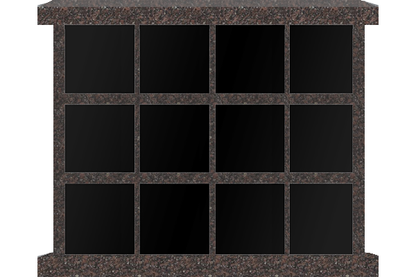 COL155IMJB_24NICHE.png * 24 Niche Horizontal Columbarium 4-7x2-7x3-10 Indian Mahogany Walls/Jet Black Doors 2 Sided, 4x3 Niches Includes Rosettes, Key & 2 Extra Niche Doors - Image 1