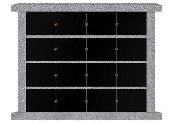 COL263CGJB16.png * 16 Niche Columbarium 4-11x1-5.5x4-11 China Grey/Jet Black China Grey Walls/Jet Black Doors; 1 Sided, 4x4 Niches Includes Rosettes & Key CFS-L-064 - Image 1