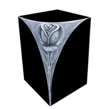 Design 17006 Urn w/ Rose 0-9x0-9x1-2 P5 Jet Black 6"x10" core hole, Carved rose, lid on bottom
